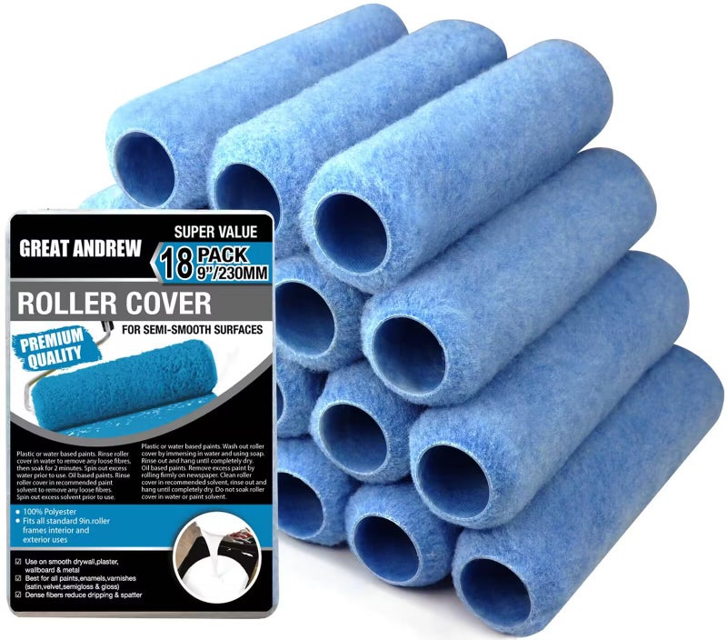 Greatandrew Great Andrew 18 Pack Paint Roller Covers 9 Inch 3/8 Nap, Dense Fibers Large Paint Roller Kit for Painting Textured Smooth Rough Surfaces Walls Floors House - Image 1